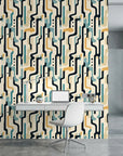 Ember Current bold mid century abstract wallpaper as a feature wall in a bright home office