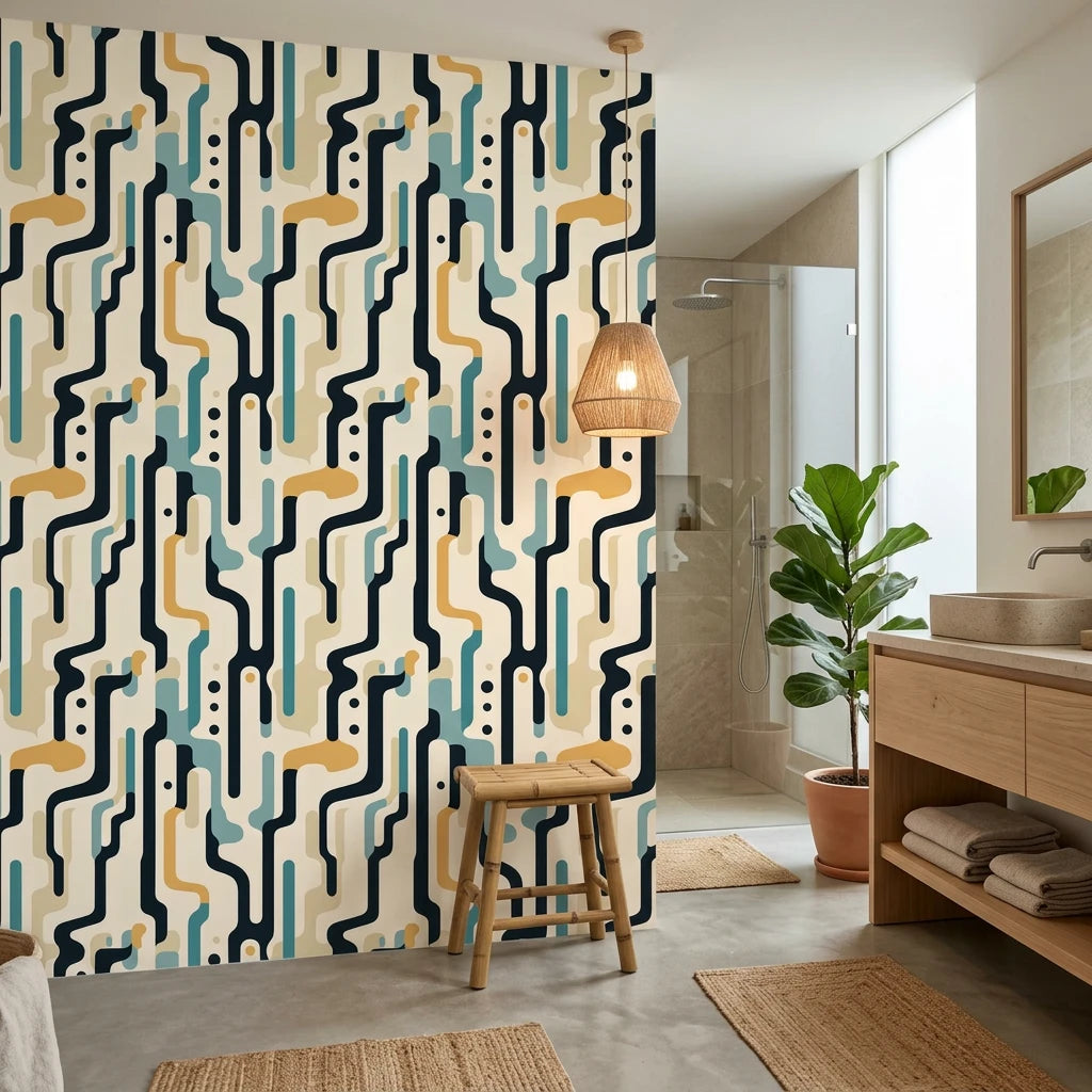 Ember Current bold mid century abstract wallpaper creating ambiance in a serene bathroom