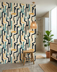 Ember Current bold mid century abstract wallpaper creating ambiance in a serene bathroom