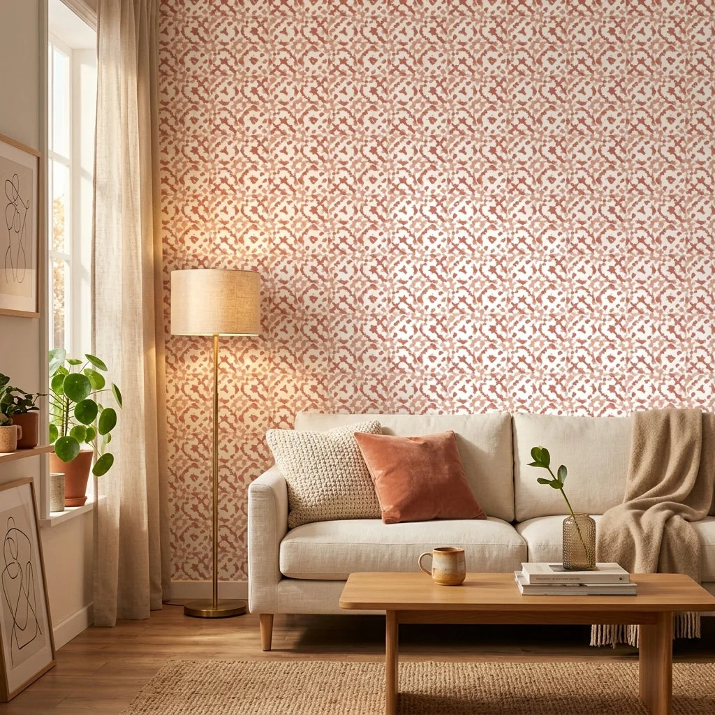 Ember Drift warm terracotta abstract wallpaper in a warm and inviting living room