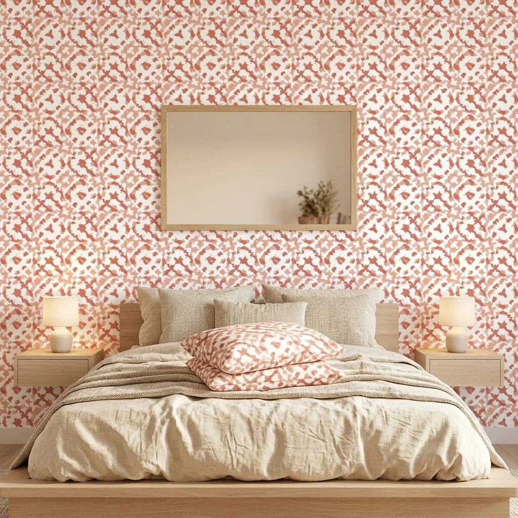 Ember Drift warm terracotta abstract wallpaper adding character to a cozy bedroom