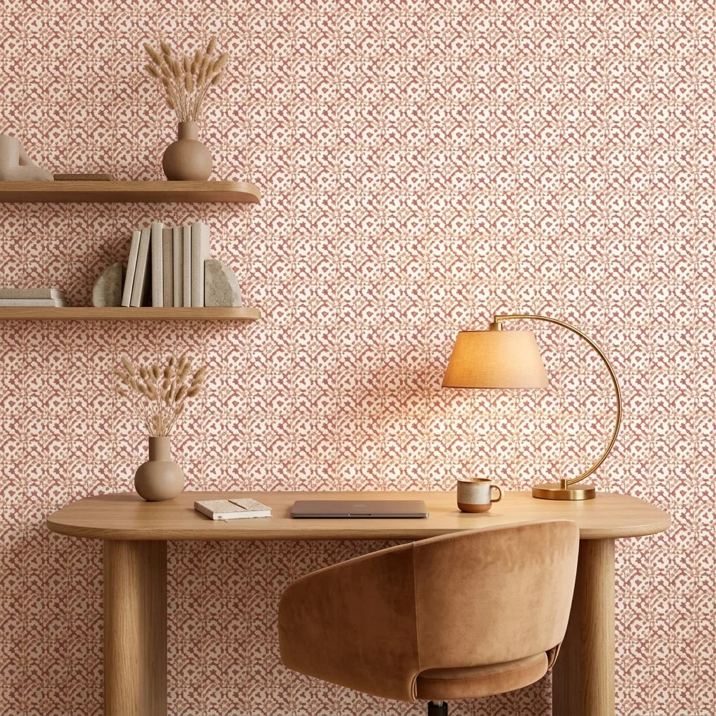 Ember Drift warm terracotta abstract wallpaper as a feature wall in a bright home office