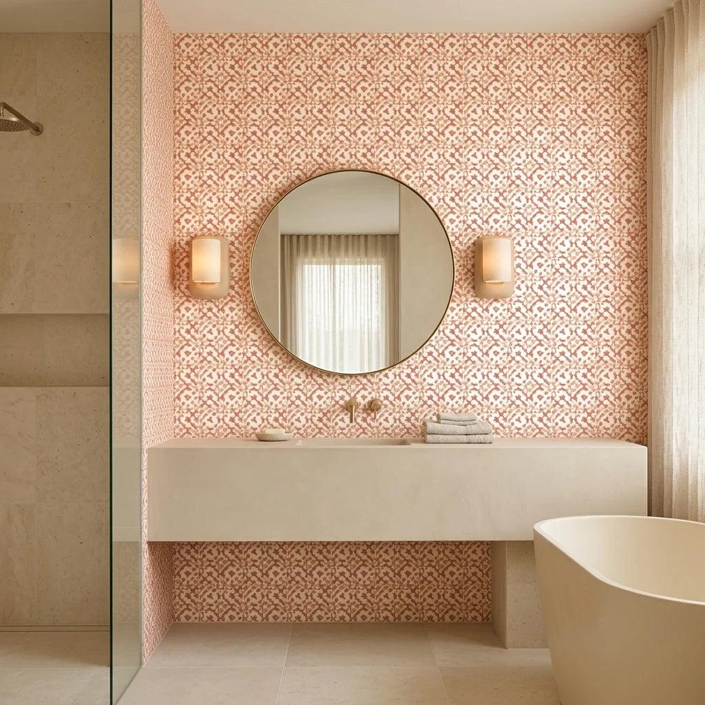 Ember Drift warm terracotta abstract wallpaper creating ambiance in a serene bathroom
