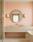 Ember Drift warm terracotta abstract wallpaper creating ambiance in a serene bathroom