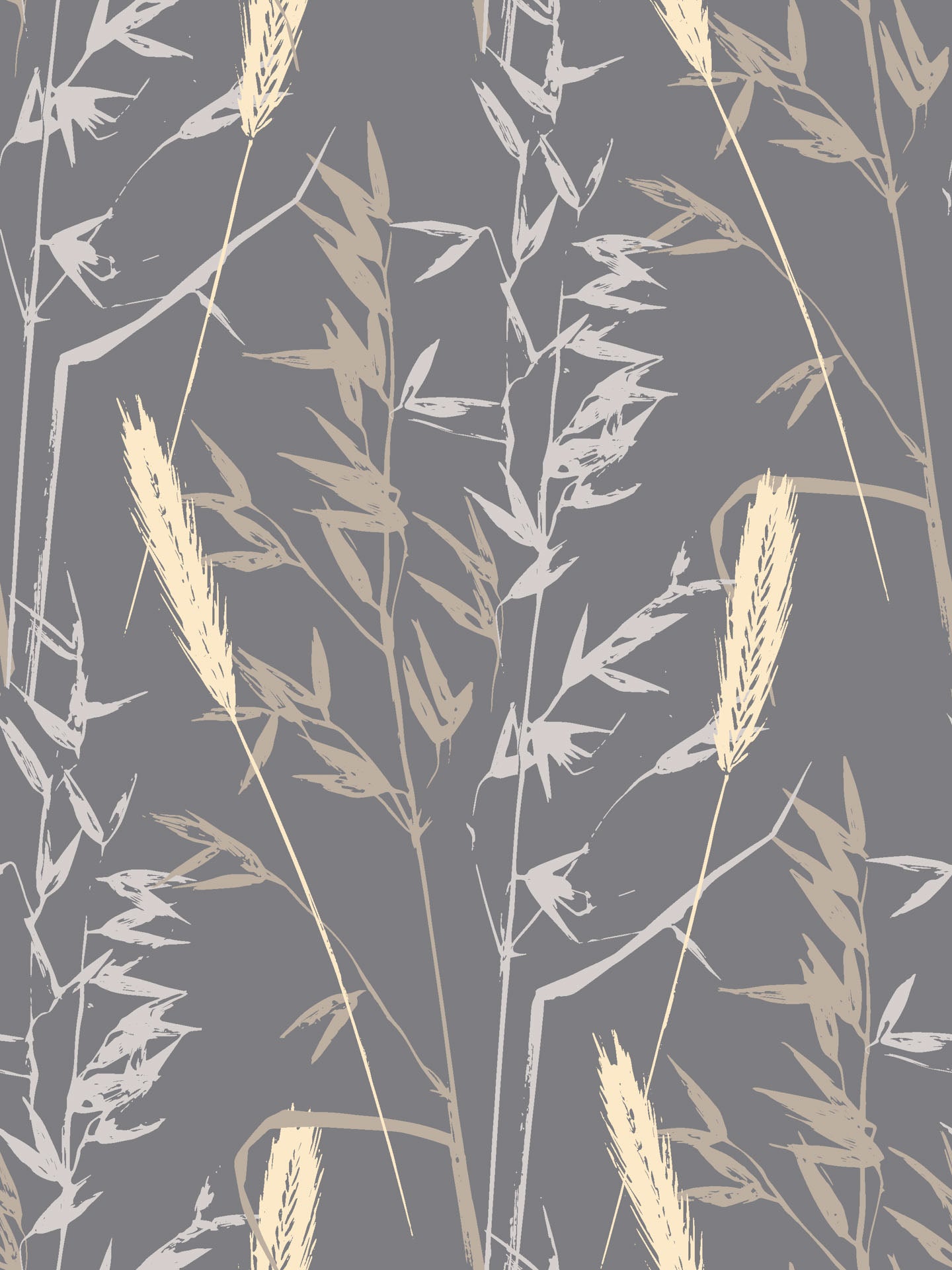 Ember Hush peel and stick wallpaper featuring a grey and beige botanical silhouette of wheat