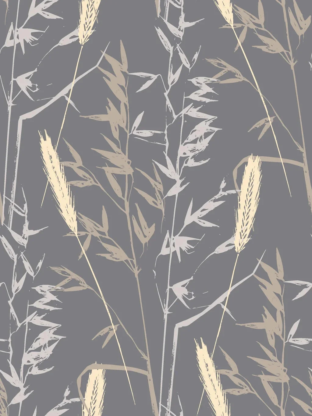 Ember Hush grey and beige wheat grass botanical wallpaper