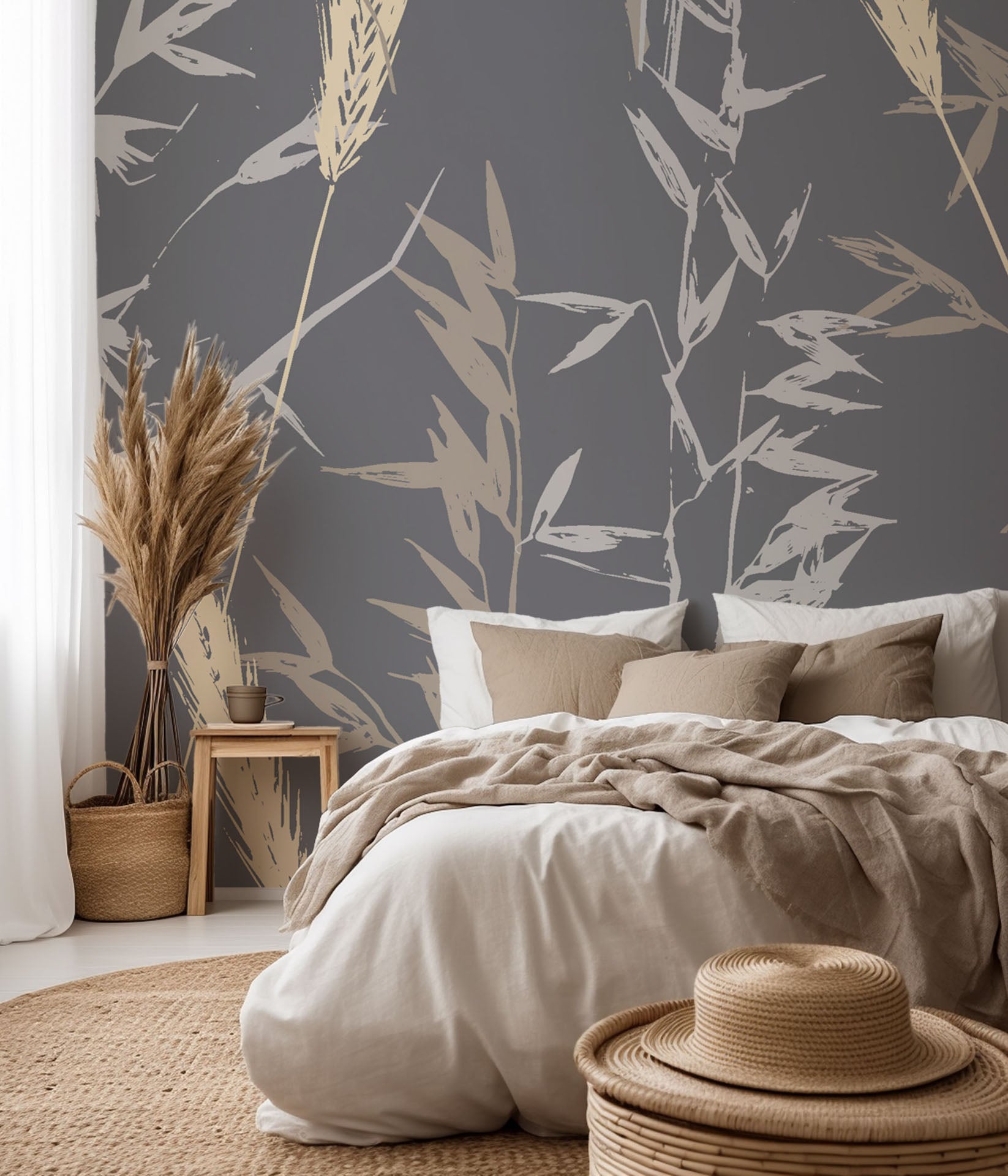 Self-adhesive wallpaper featuring a gray and beige wheat silhouette design—Ember Hush