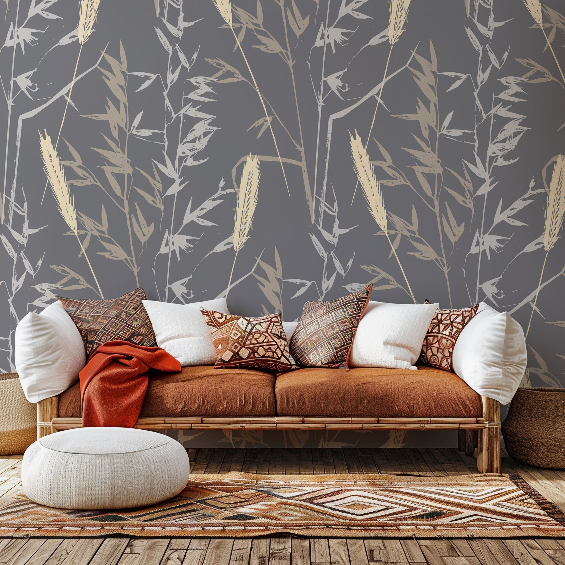Self-adhesive wallpaper featuring a gray and tan botanical wheat outline design, product name Ember Hush