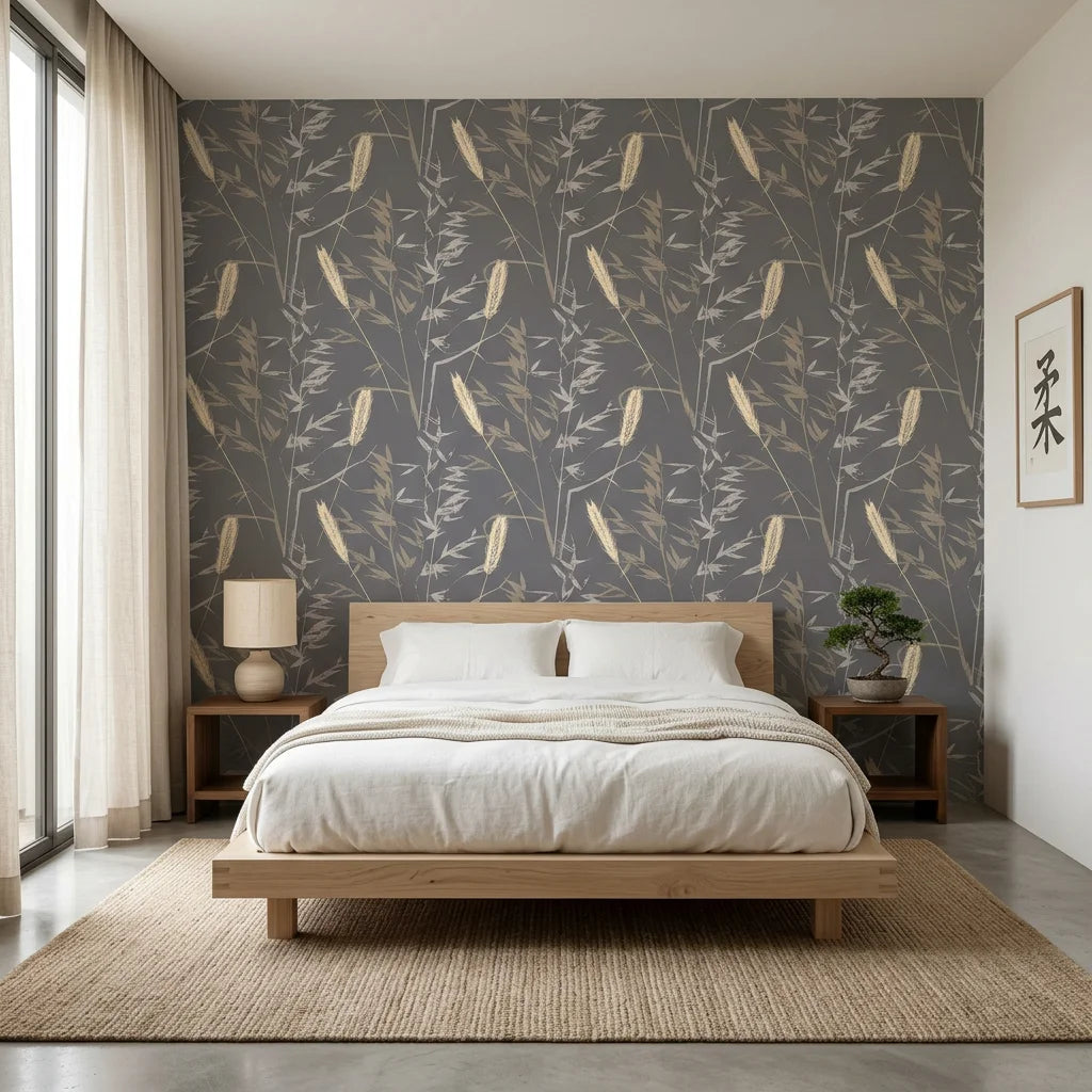 Ember Hush grey and beige wheat grass botanical wallpaper adding character to a cozy bedroom