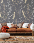 Self-adhesive wallpaper featuring a gray and tan botanical wheat outline design, product name Ember Hush