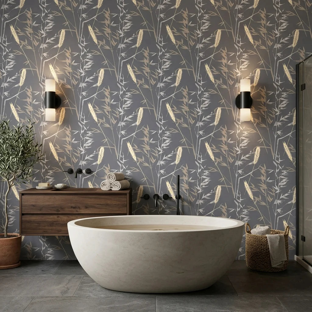 Ember Hush grey and beige wheat grass botanical wallpaper creating ambiance in a serene bathroom