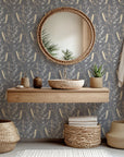 Self-adhesive wallpaper featuring a beige and grey wheat botanical silhouette, called Ember Hush