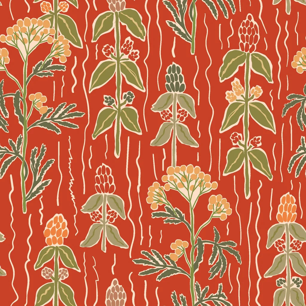 Ember Meadow terracotta and green wildflower wallpaper