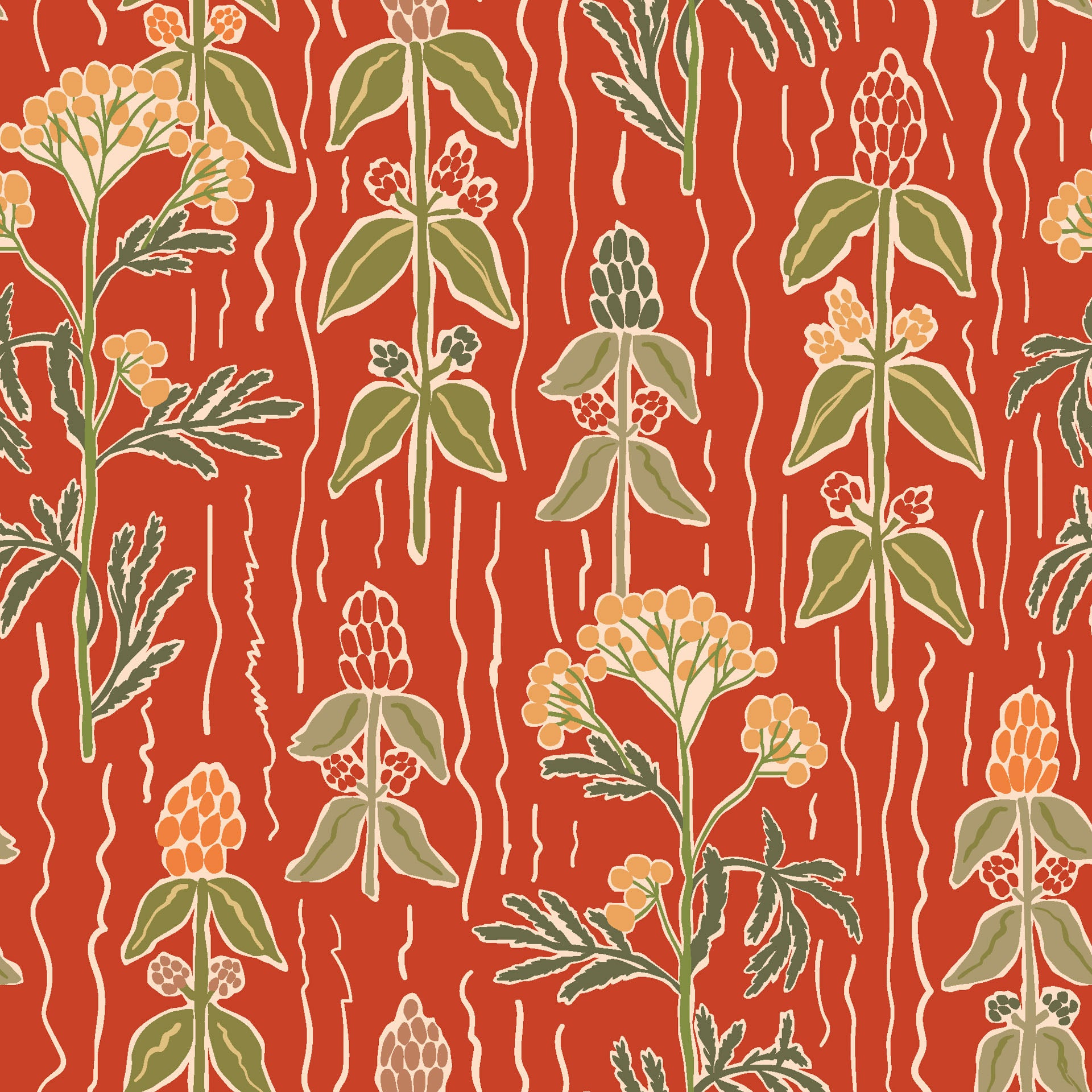 Self-adhesive Ember Meadow wallpaper featuring an herbal motif in terracotta red and green