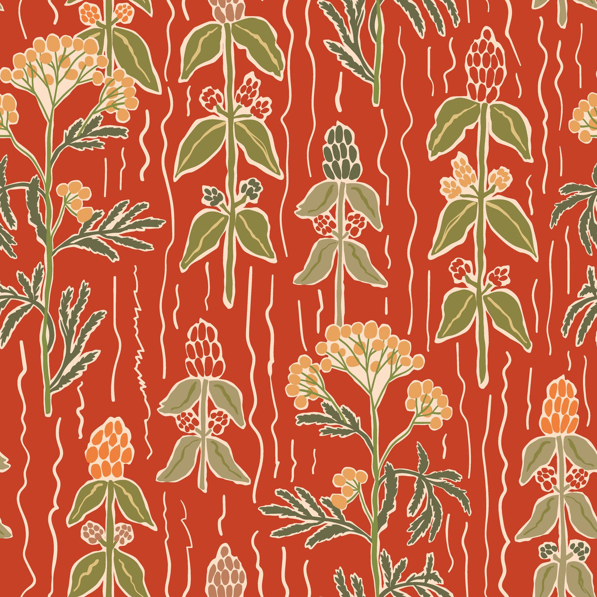 Ember Meadow terracotta and green wildflower wallpaper