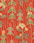 Self-adhesive Ember Meadow wallpaper featuring an herbal motif in terracotta red and green