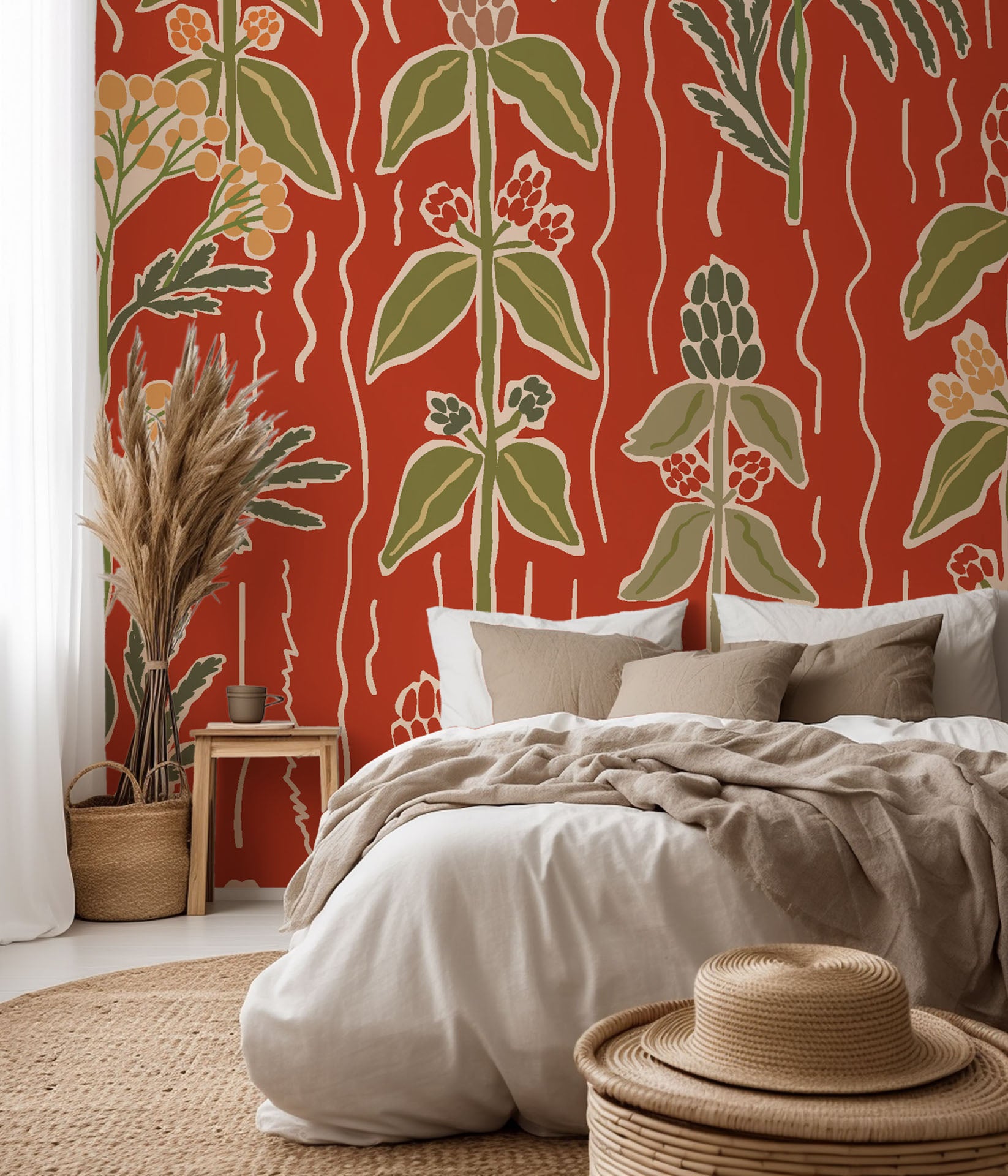 Ember Meadow self-adhesive wall covering featuring a botanical herb pattern in earthy red and verdant green
