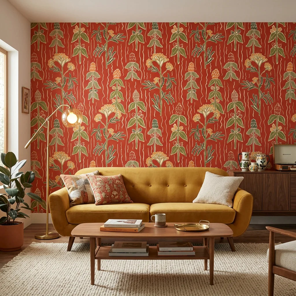 Ember Meadow terracotta and green wildflower wallpaper in a warm and inviting living room