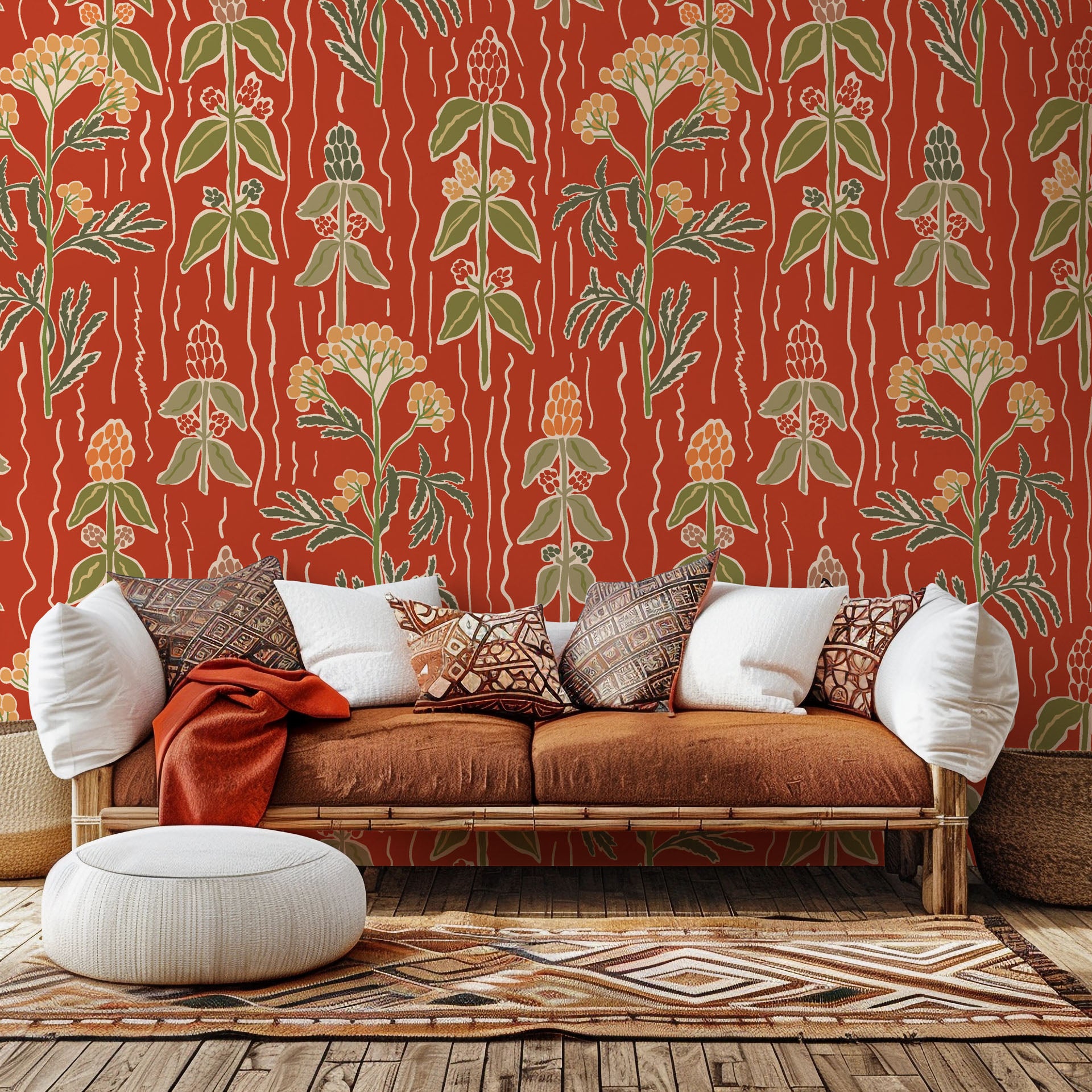 Self-adhesive wallpaper featuring an herbal pattern in rust red and green, part of the Ember Meadow collection