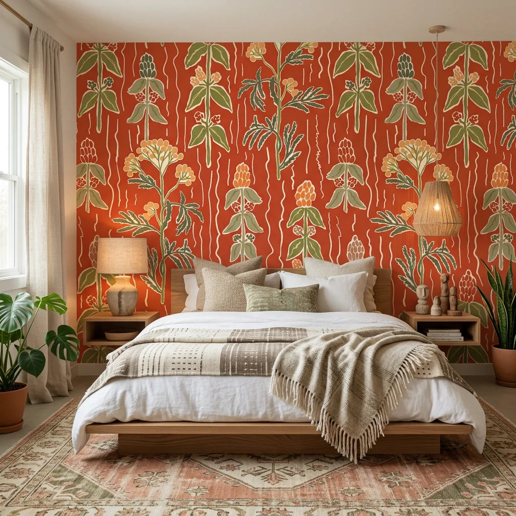 Ember Meadow terracotta and green wildflower wallpaper adding character to a cozy bedroom
