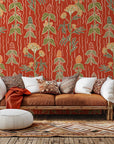 Self-adhesive wallpaper featuring an herbal pattern in rust red and green, part of the Ember Meadow collection