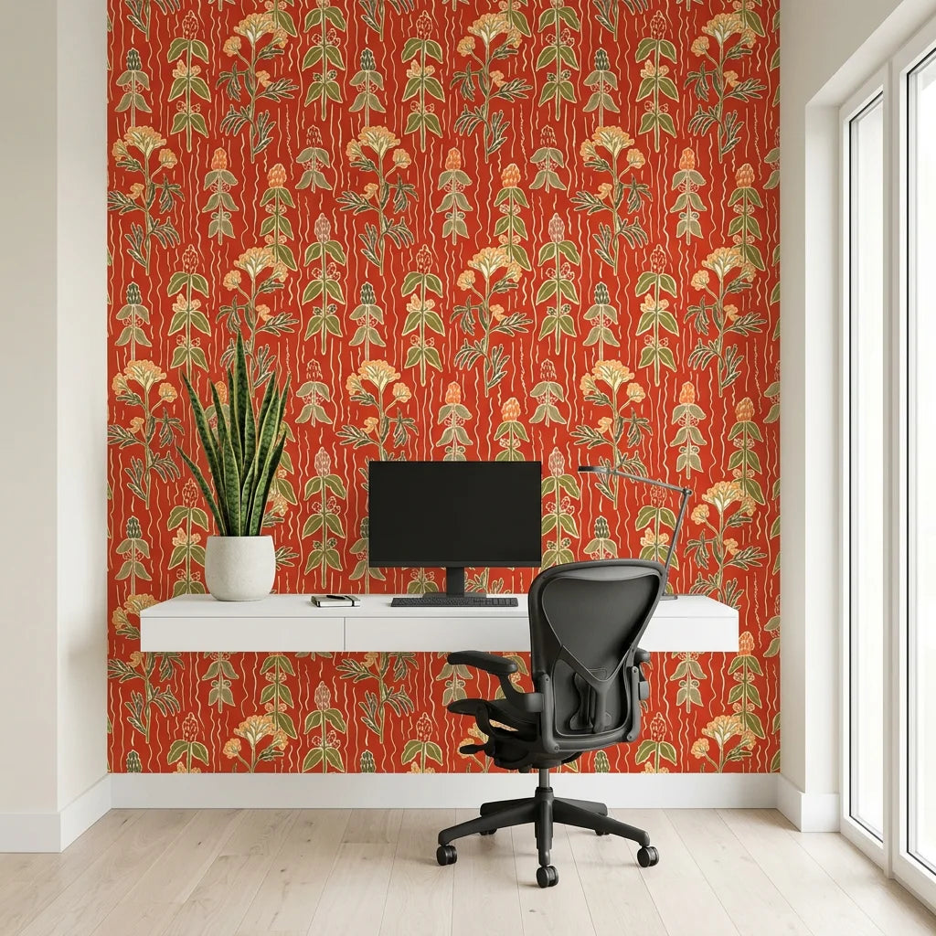 Ember Meadow terracotta and green wildflower wallpaper as a feature wall in a bright home office