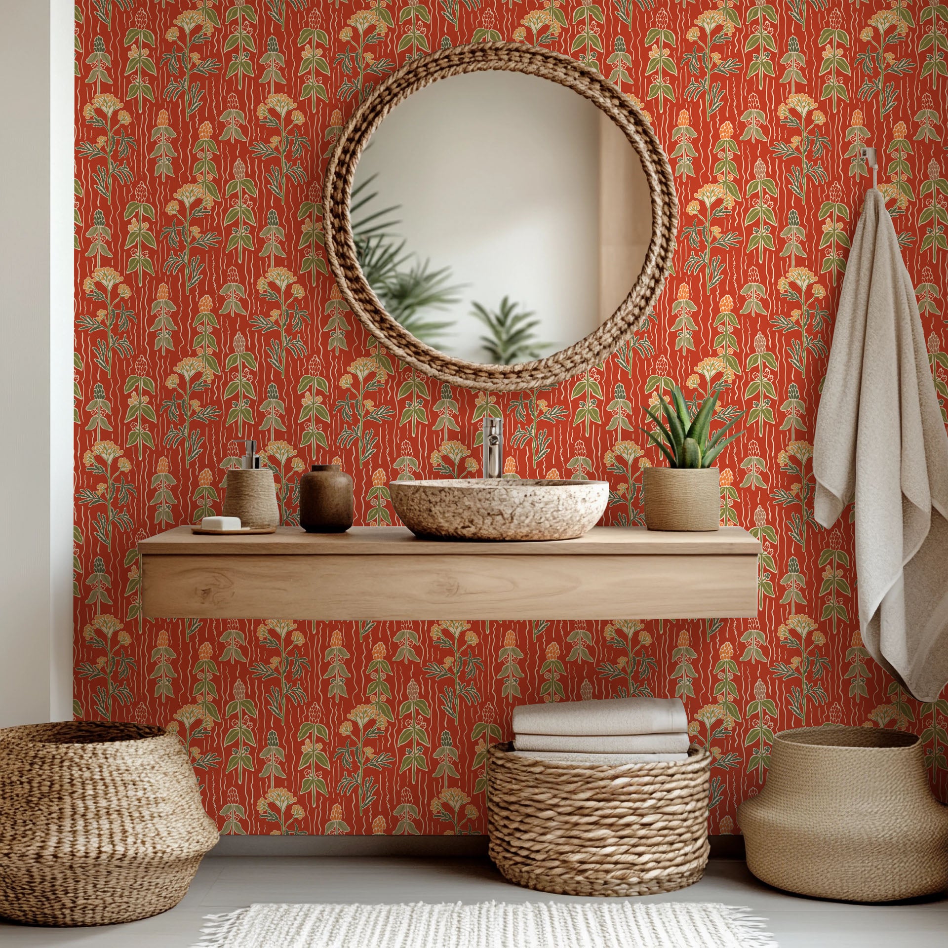 Peel and stick wall covering featuring an herbal botanical design in green and terracotta red - Ember Meadow