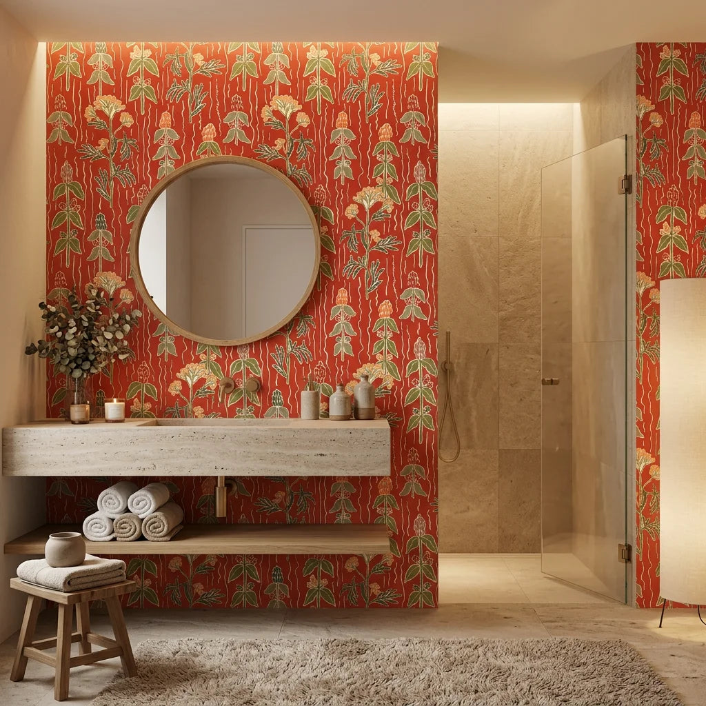 Ember Meadow terracotta and green wildflower wallpaper creating ambiance in a serene bathroom