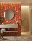 Ember Meadow terracotta and green wildflower wallpaper creating ambiance in a serene bathroom