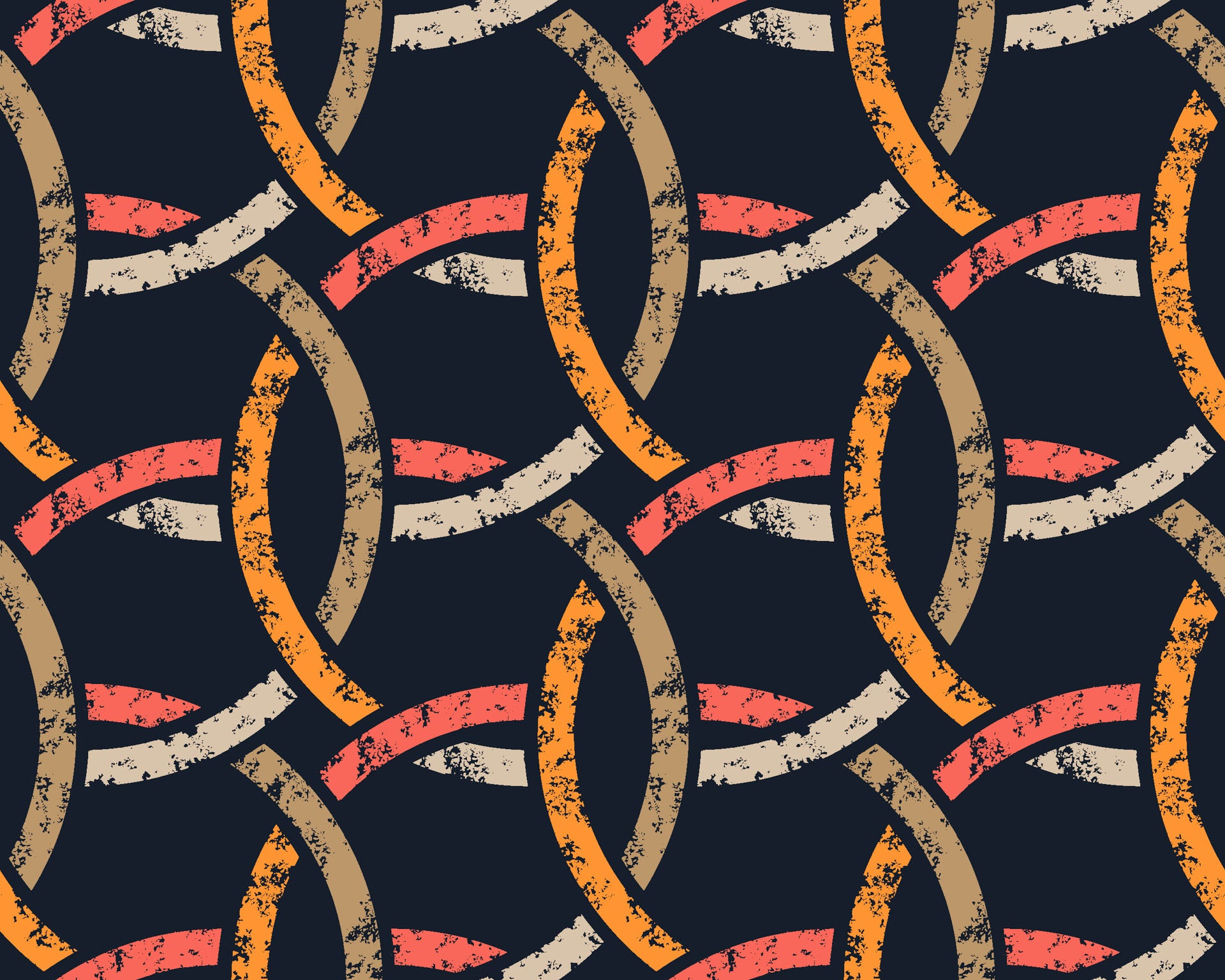 A worn-look wall covering featuring an interlocking geometric design in deep blue and amber tones from Ember Threads
