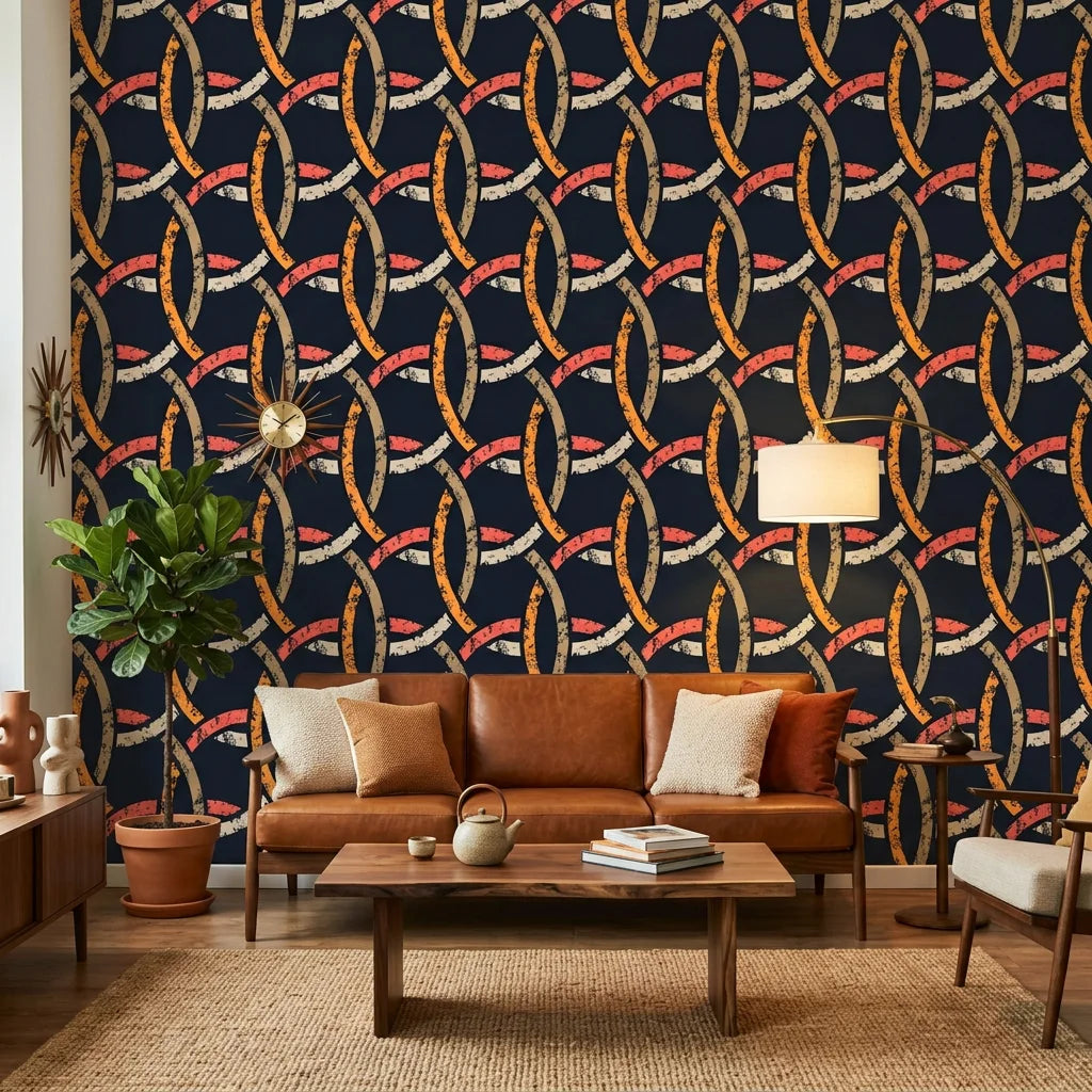 Ember Threads navy blue and orange geometric ring wallpaper in a warm and inviting living room
