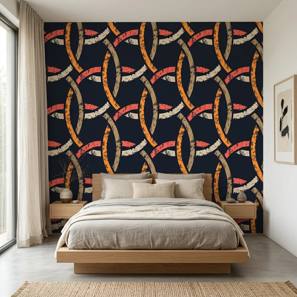 Ember Threads navy blue and orange geometric ring wallpaper adding character to a cozy bedroom