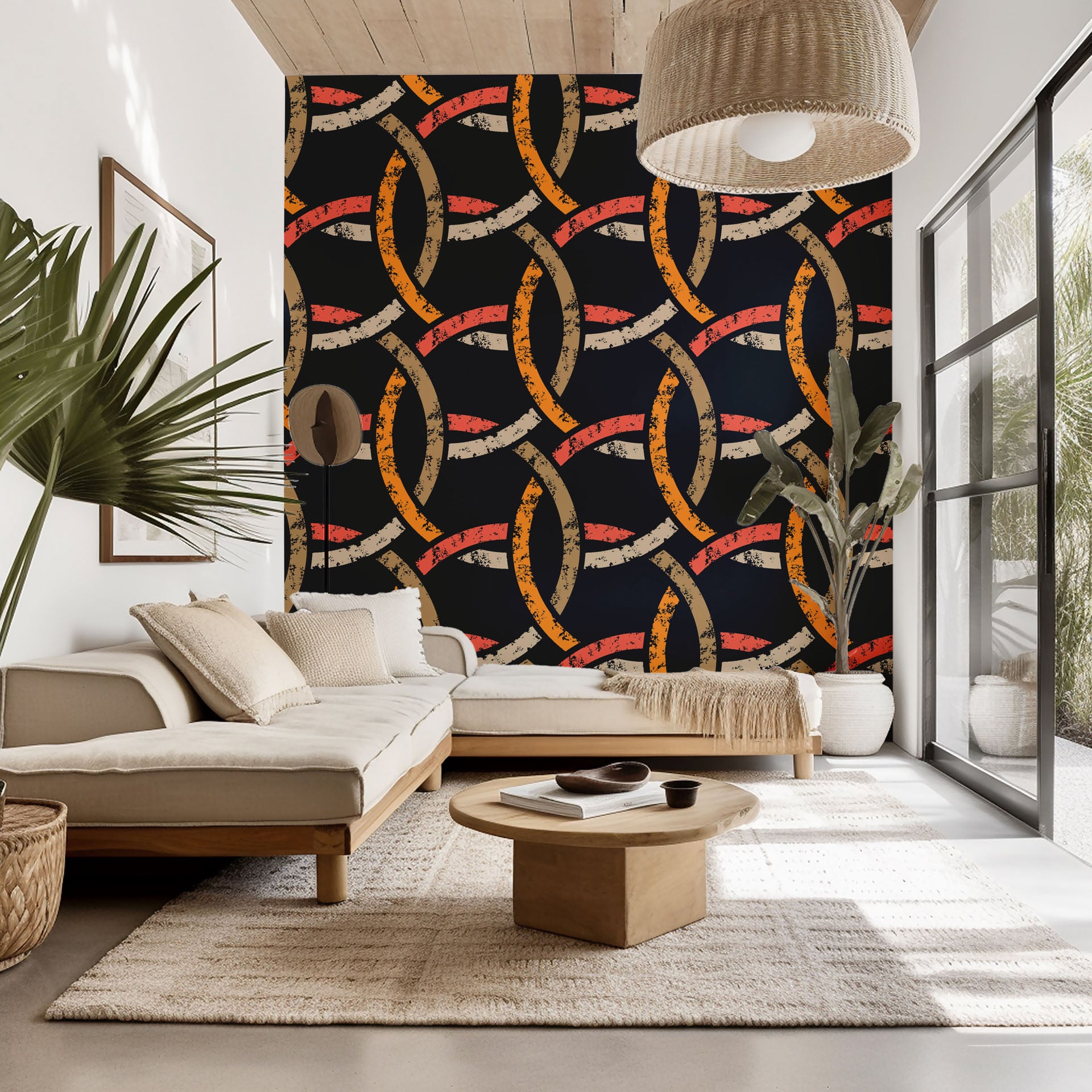 Distressed wall covering featuring a geometric chain motif in navy blue and orange tones, product of Ember Threads