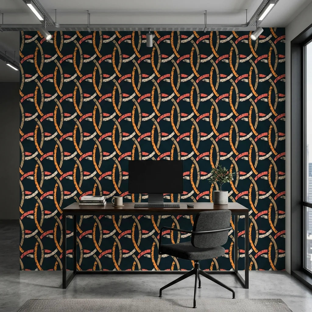 Ember Threads navy blue and orange geometric ring wallpaper as a feature wall in a bright home office