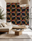 Distressed wall covering featuring a geometric chain motif in navy blue and orange tones, product of Ember Threads