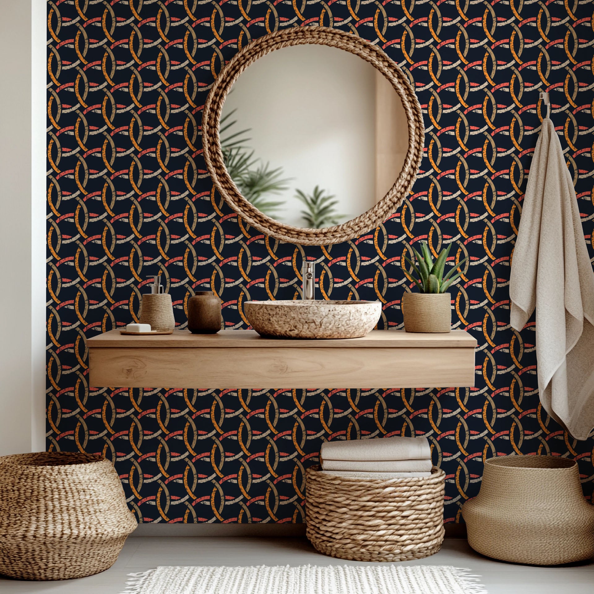 Navy and orange abstract chained pattern wallcovering - Ember Threads