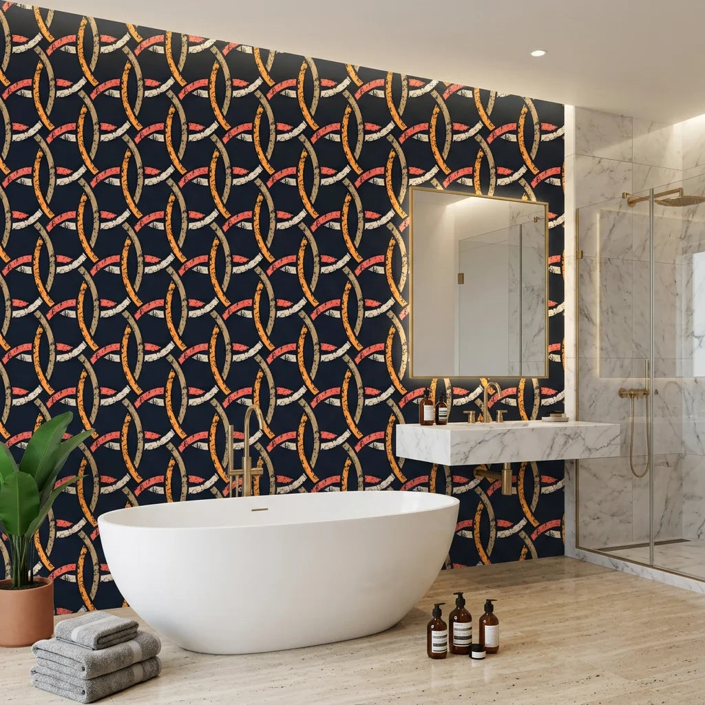 Ember Threads navy blue and orange geometric ring wallpaper creating ambiance in a serene bathroom