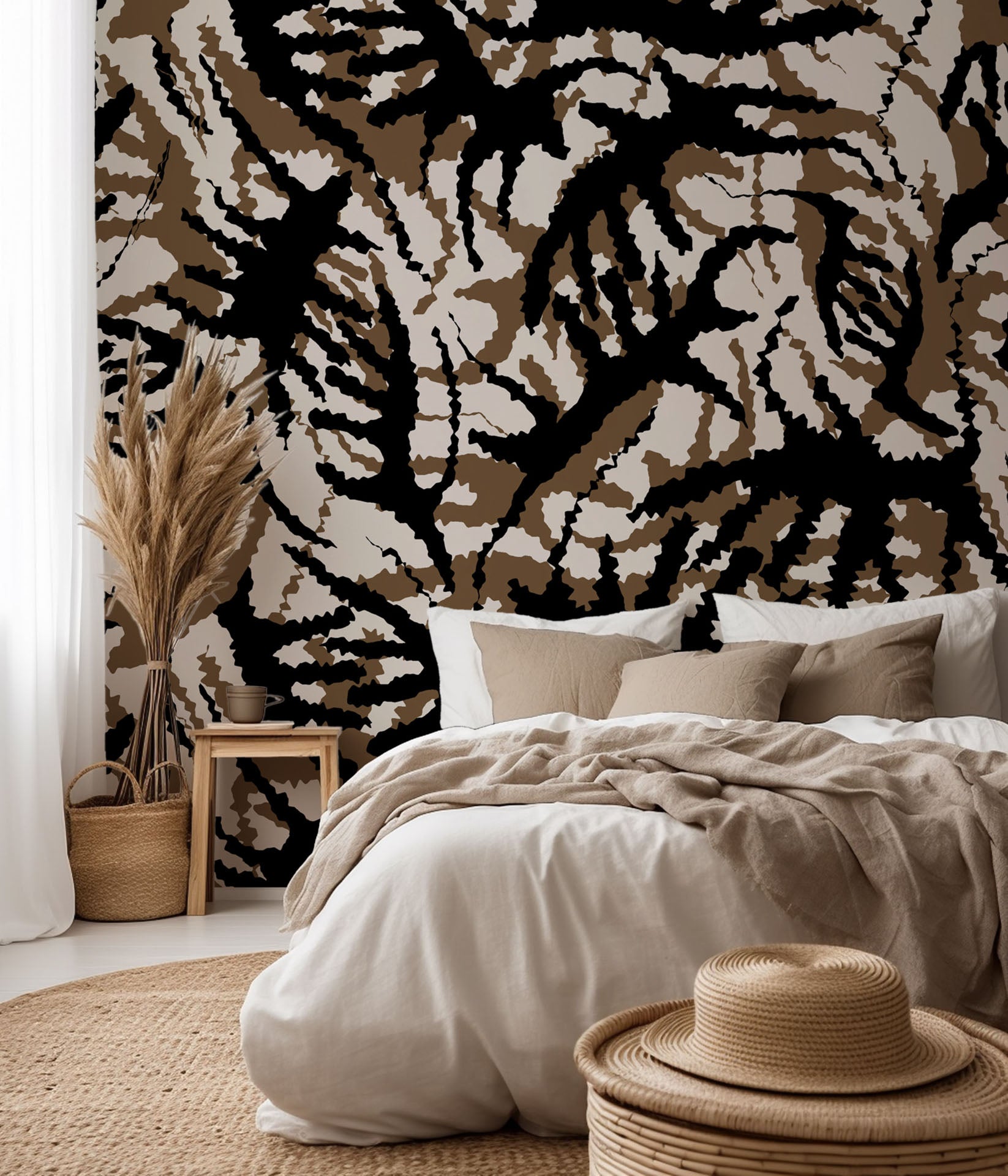 Abstract peel and stick wallpaper featuring black and brown organic vein patterns, named Ember Veins