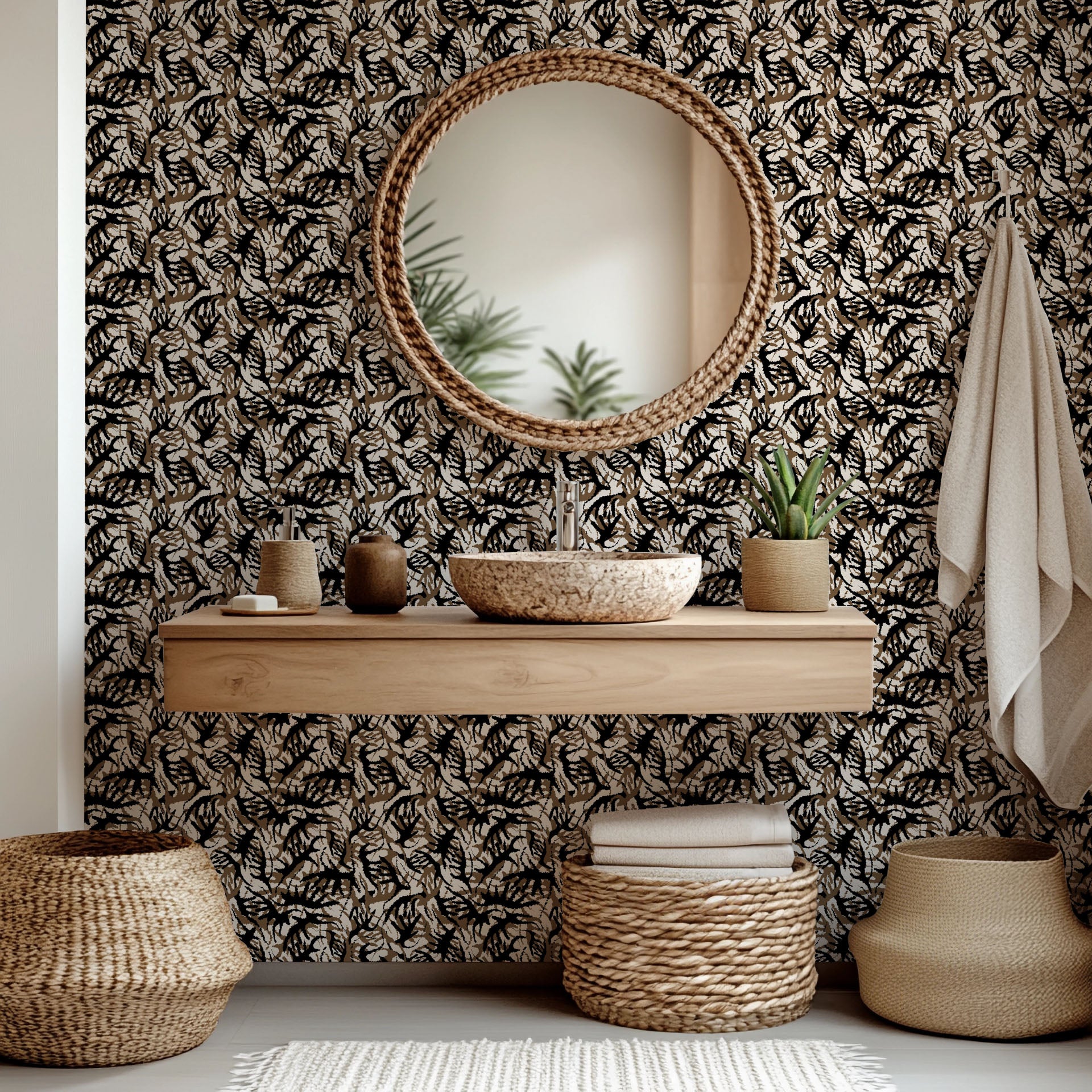 Self-adhesive wallpaper featuring an abstract design of brown and black organic striations