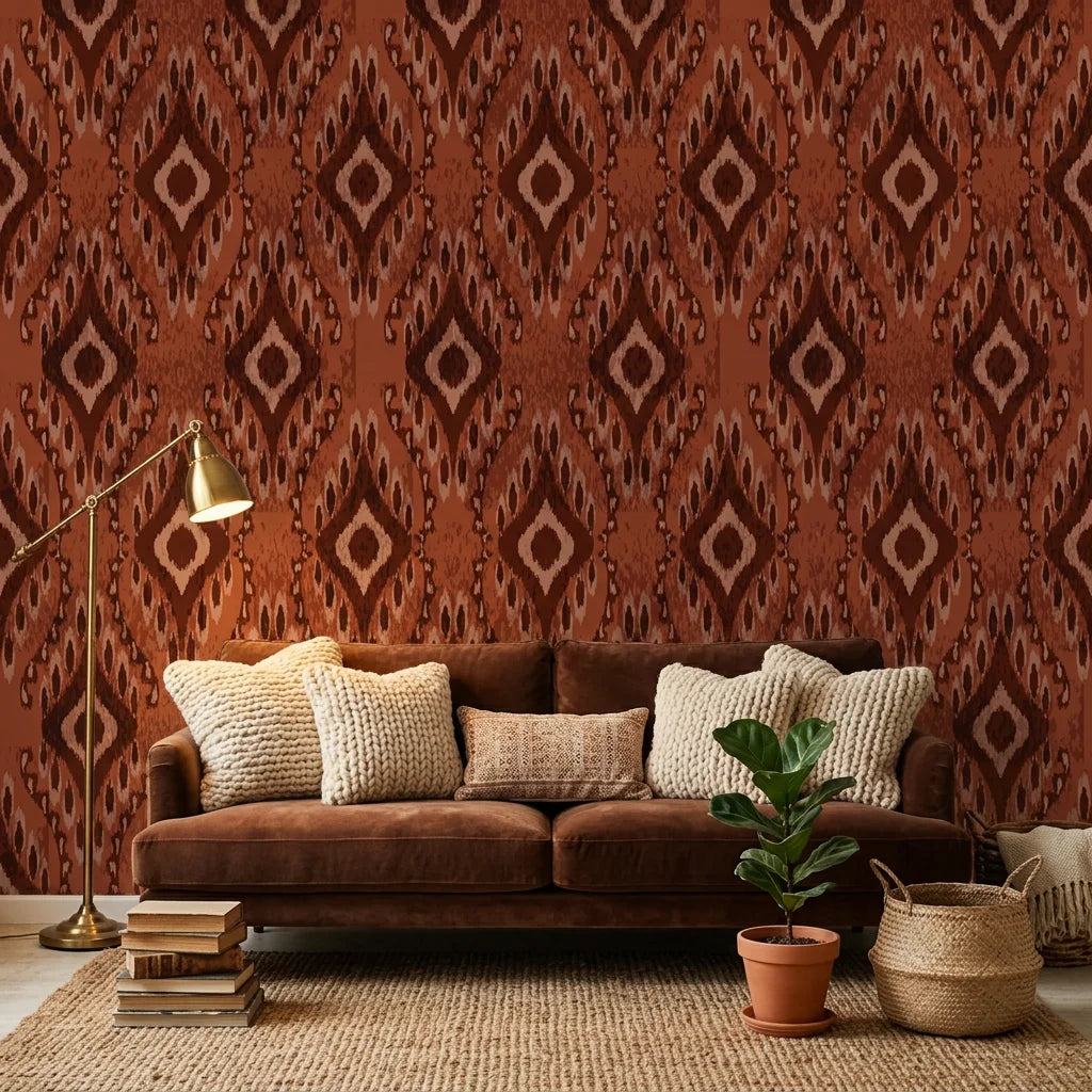 Ember Wings rust brown tribal ikat geometric wallpaper in a warm and inviting living room