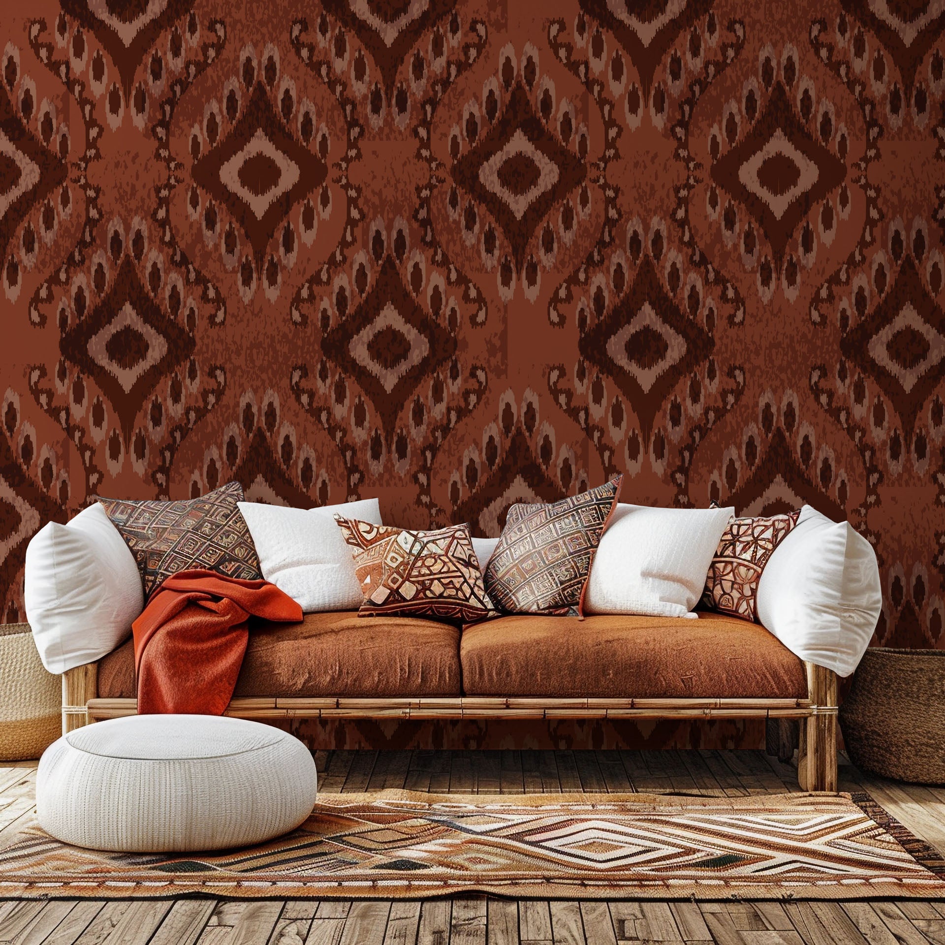 Classic Ikat wallpaper featuring geometric shapes in tones of rust brown and beige, self-adhesive 'Ember Wings' design