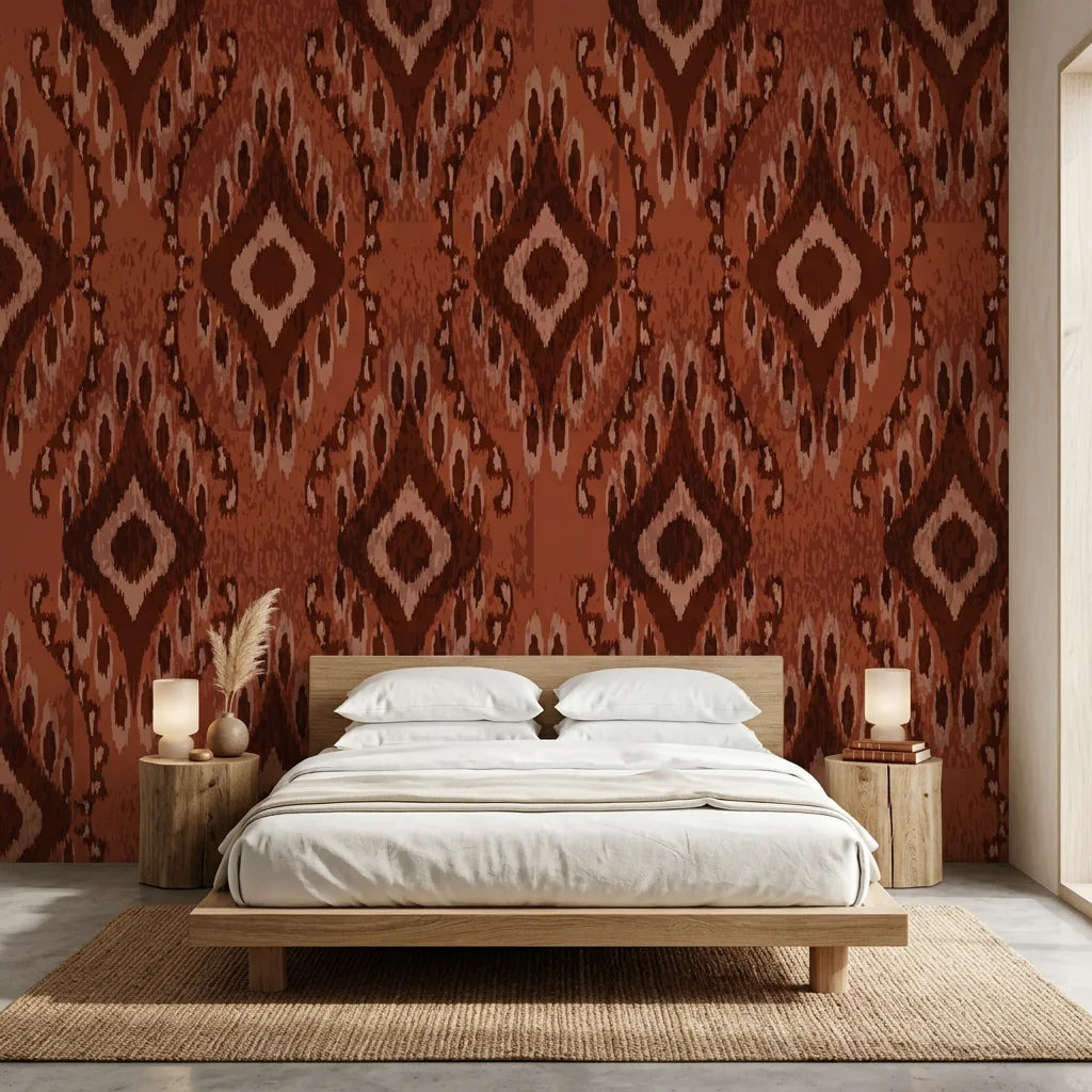 Ember Wings rust brown tribal ikat geometric wallpaper adding character to a cozy bedroom