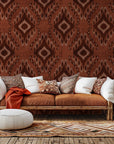 Classic Ikat wallpaper featuring geometric shapes in tones of rust brown and beige, self-adhesive 'Ember Wings' design