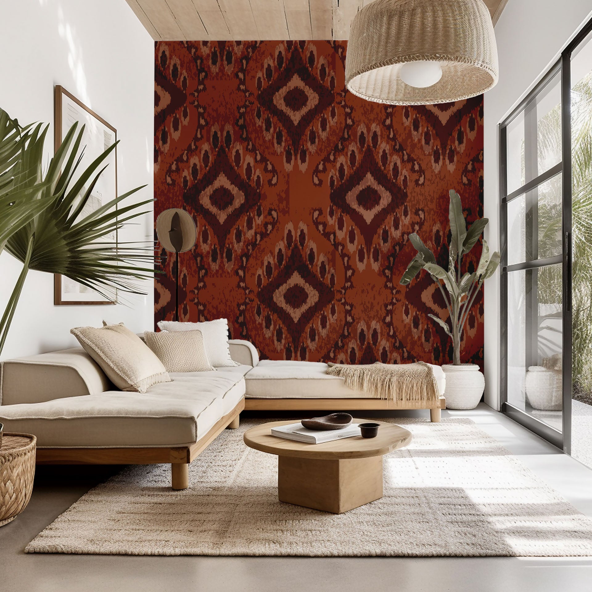 Self-adhesive wallpaper featuring a traditional geometric Ikat pattern in beige and rust brown, titled 'Ember Wings'