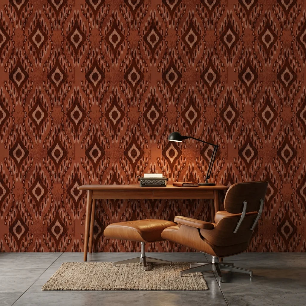 Ember Wings rust brown tribal ikat geometric wallpaper as a feature wall in a bright home office