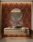 Ember Wings rust brown tribal ikat geometric wallpaper creating ambiance in a serene bathroom