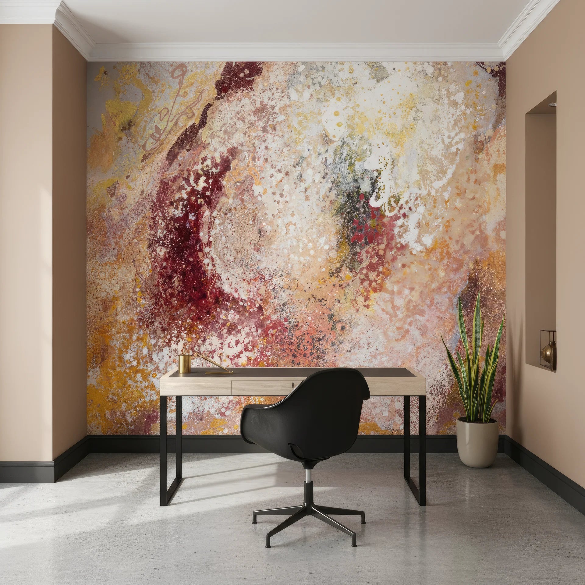 Warm colored wall covering with red, gold and brown depth