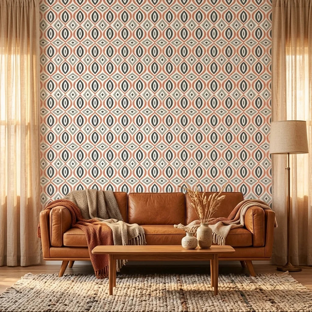 Ember & Iron retro geometric peel and stick wallpaper in a warm and inviting living room