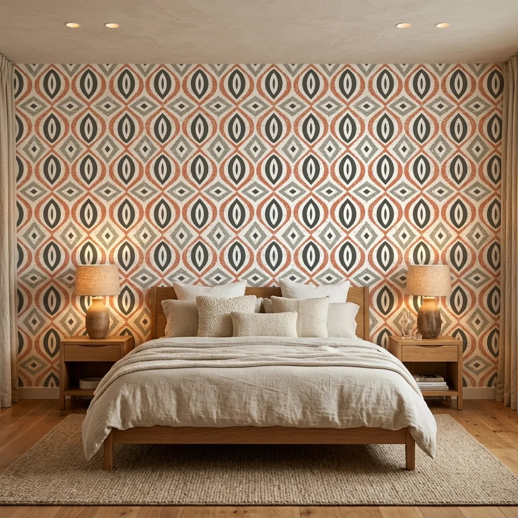 Ember & Iron retro geometric peel and stick wallpaper adding character to a cozy bedroom