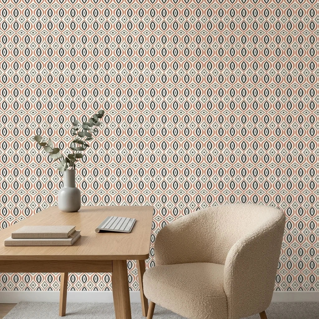 Ember & Iron retro geometric peel and stick wallpaper as a feature wall in a bright home office